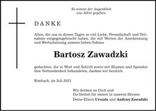 Traueranzeige Bartosz Zawadzki