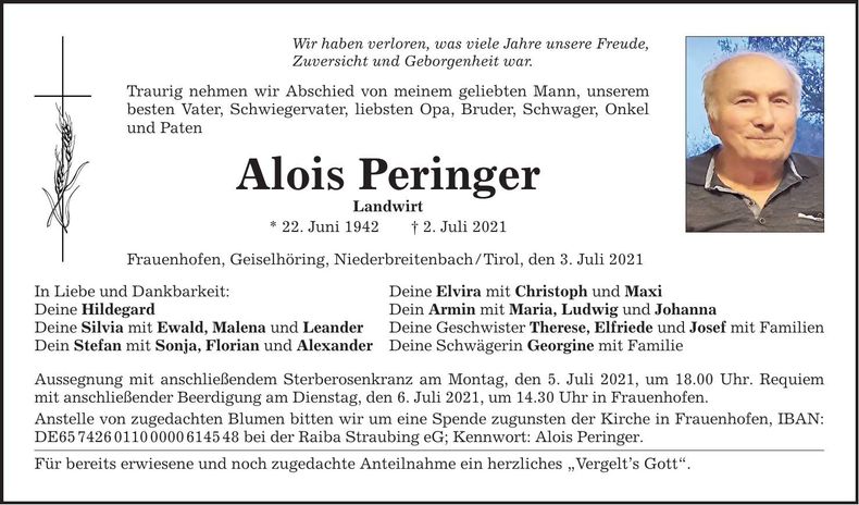 Traueranzeige Alois Peringer