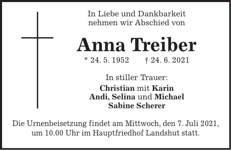 Traueranzeige Anna Treiber