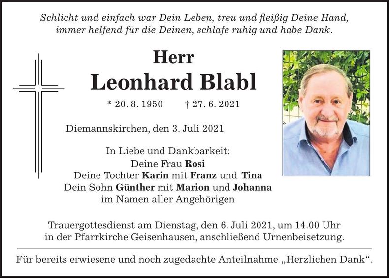 Traueranzeige Leonhard Blabl