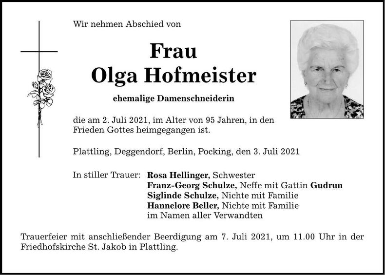 Traueranzeige Olga Hofmeister