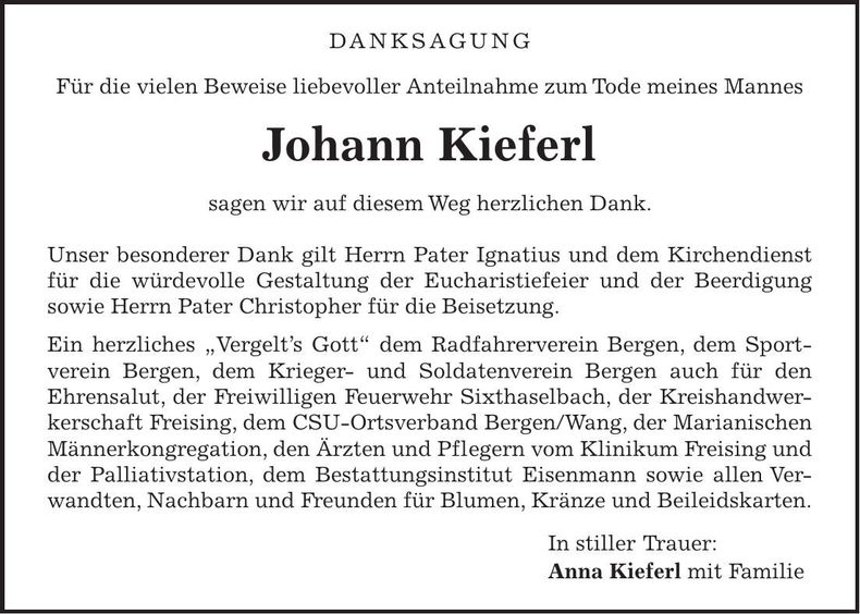 Traueranzeige Joahnn Kieferl