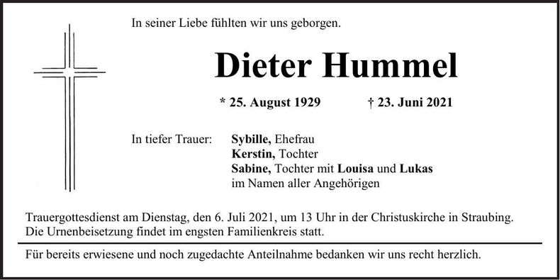 Traueranzeige Dieter Hummel