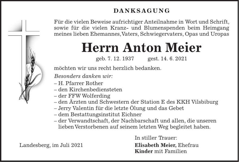Traueranzeige Anton Meier