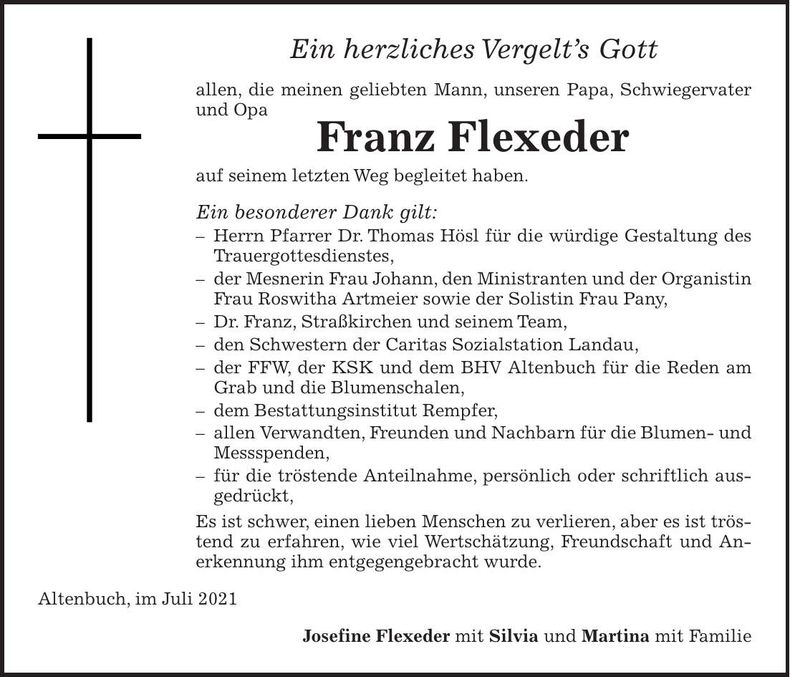 Traueranzeige Franz Flexeder