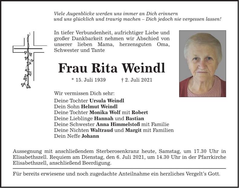 Traueranzeige Rita Weindl
