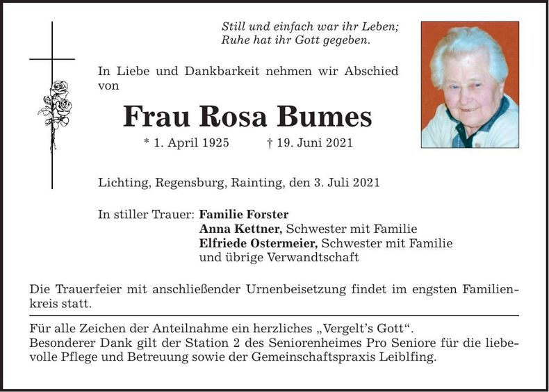 Traueranzeige Rosa Bumes