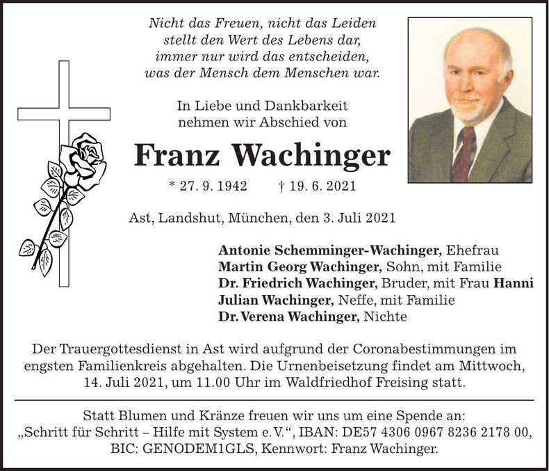 Traueranzeige Franz Wachinger