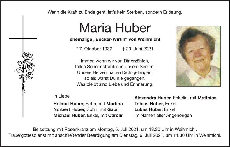 Traueranzeige Maria Huber