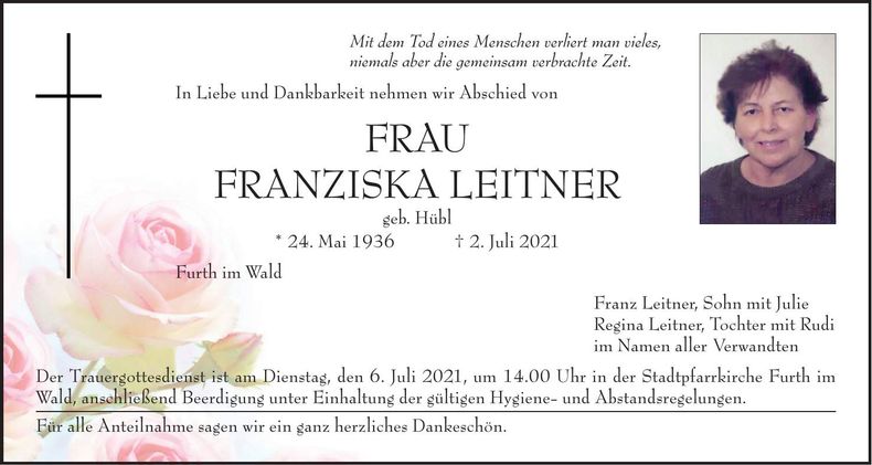 Traueranzeige Franziska Leitner