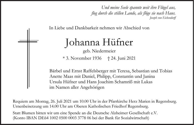 Traueranzeige Johanna Hüfner