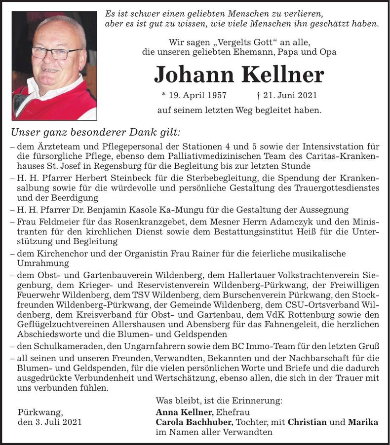 Traueranzeige Johann Kellner