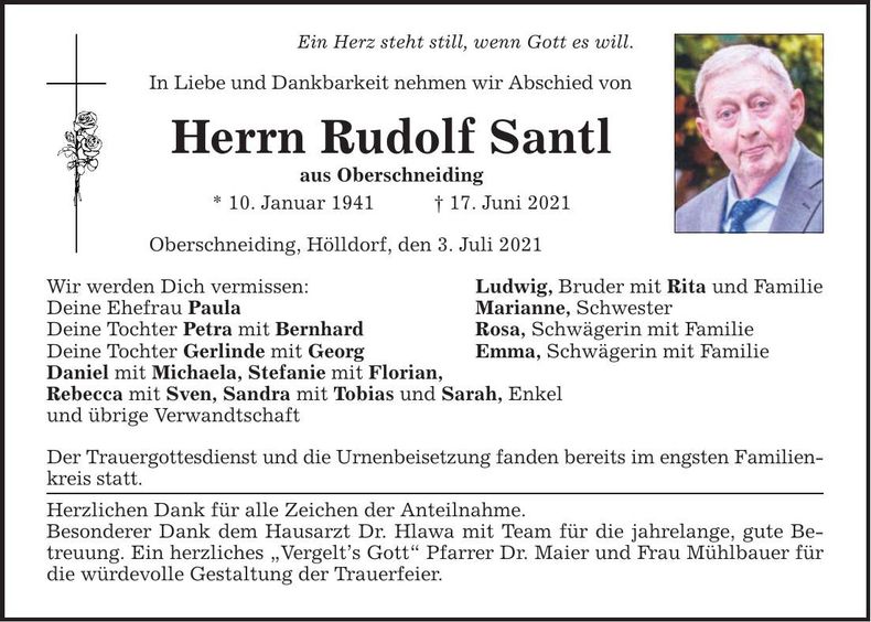 Traueranzeige Rudolf Santl