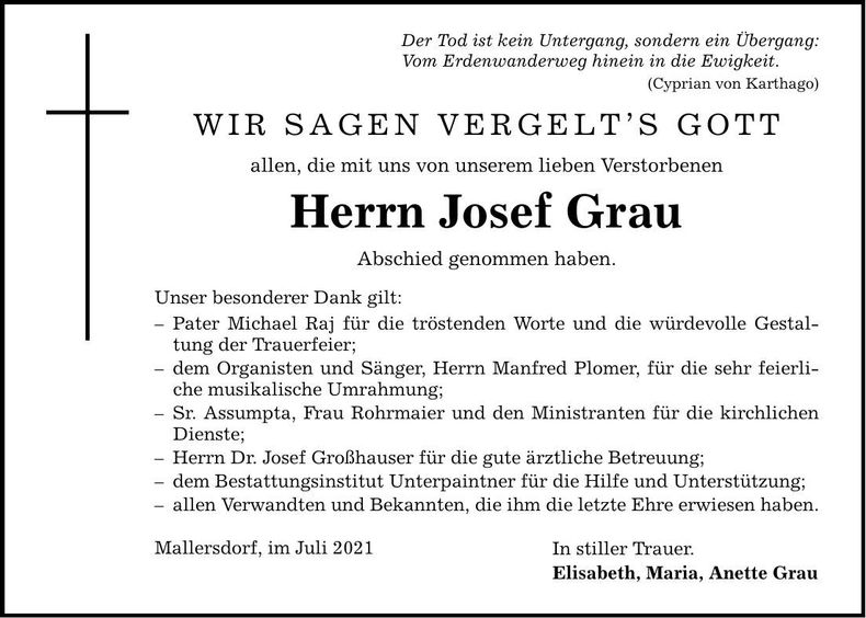 Traueranzeige Josef Grau