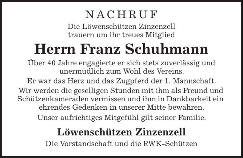 Traueranzeige Franz Schuhmann