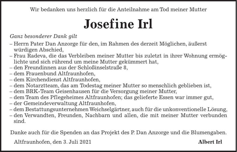 Traueranzeige Josefine Irl