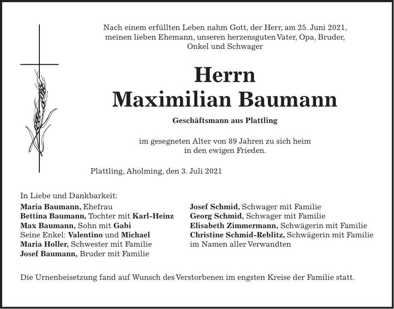 Traueranzeige Maximilian Baumann