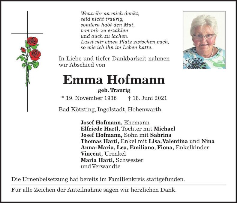 Traueranzeige Emma Hofmann