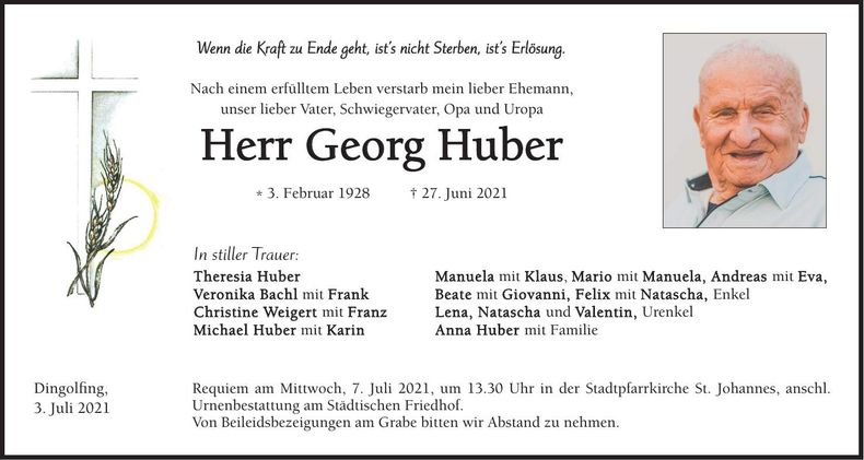 Traueranzeige Georg Huber