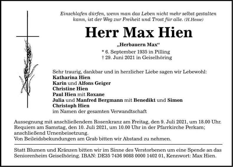 Traueranzeige Max Hien