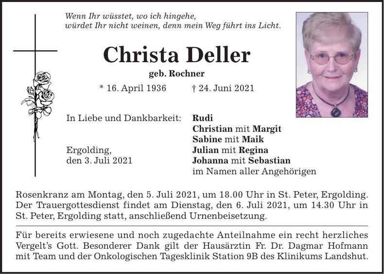 Traueranzeige Christa Deller