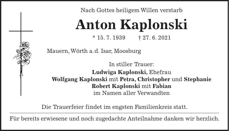 Traueranzeige Anton Kaplonski