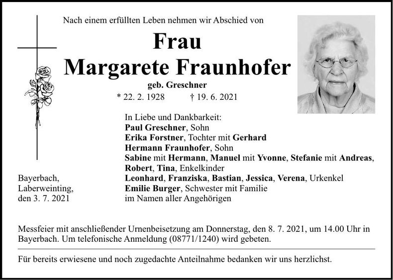 Traueranzeige Margarete Fraunhofer