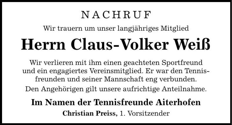 Traueranzeige Claus-Volker Weiß