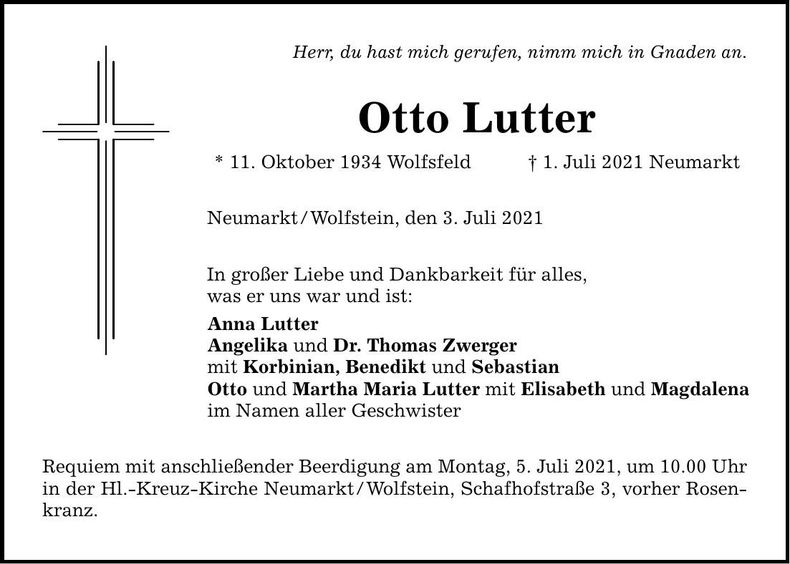 Traueranzeige Otto Lutter