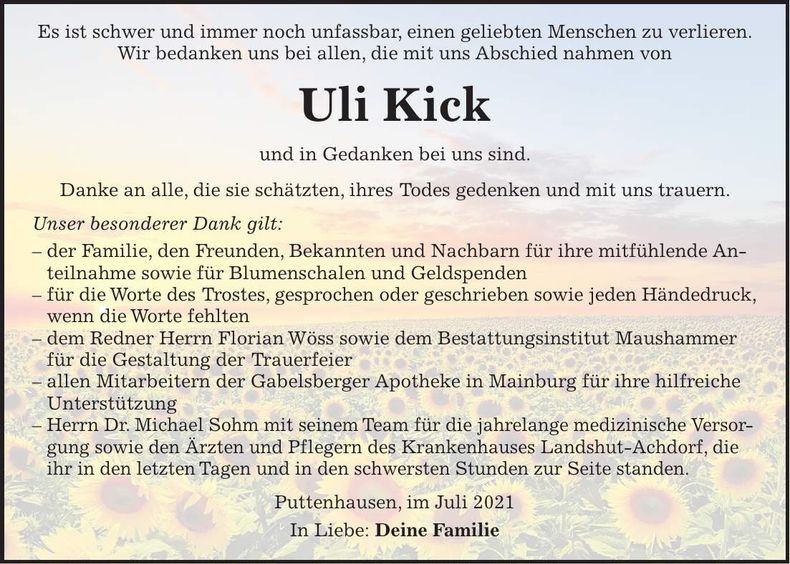 Traueranzeige Uli Kick