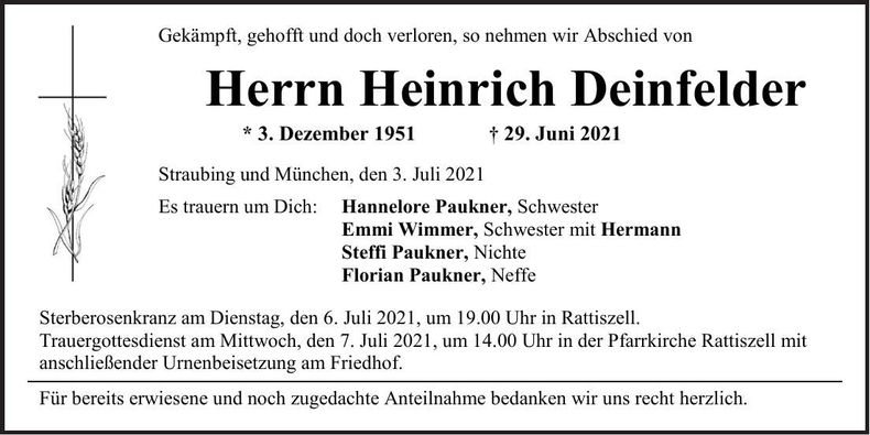 Traueranzeige Heinrich Deinfelder