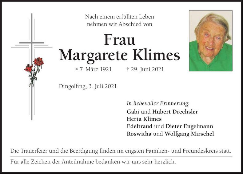 Traueranzeige Margarete Klimes