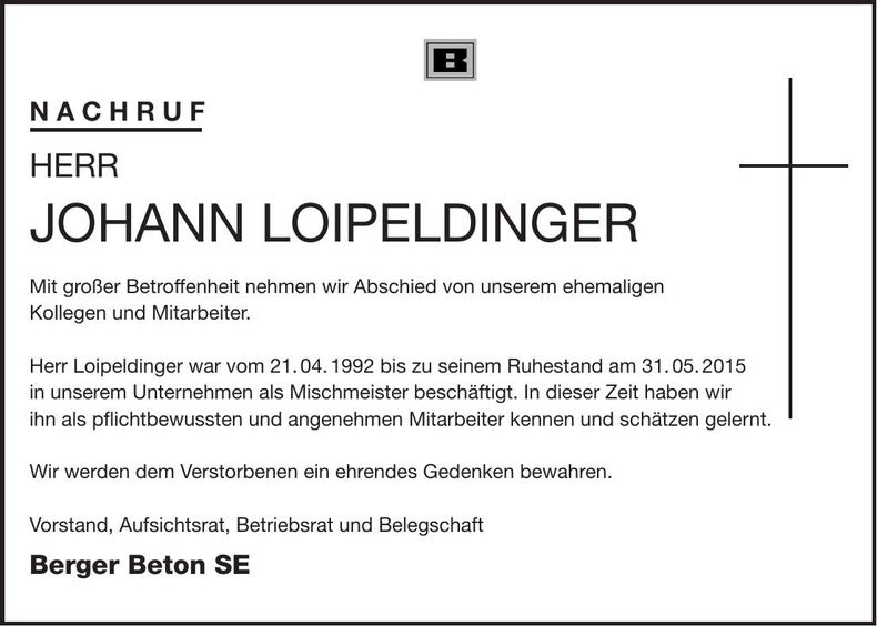 Traueranzeige Johann Loipeldinger
