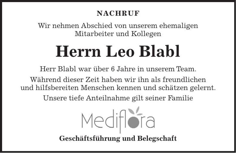 Traueranzeige Leo Blabl