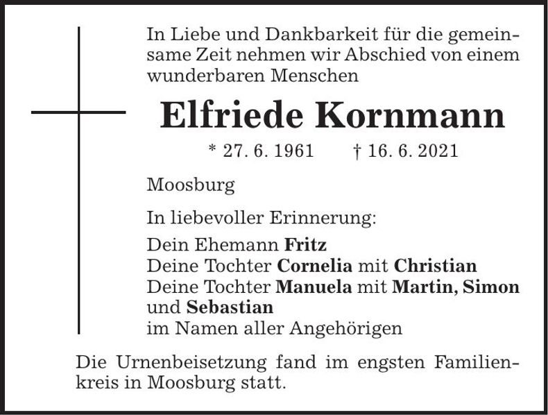 Traueranzeige Elfriede Kornmann