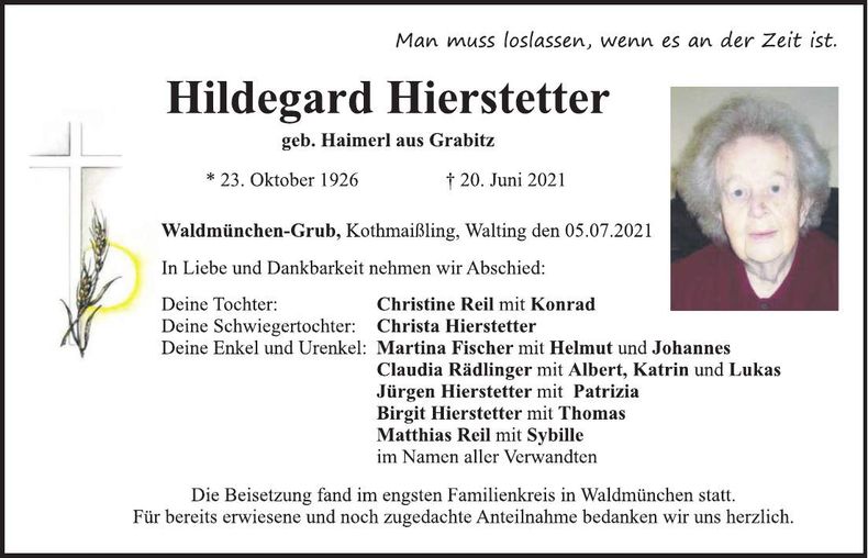 Traueranzeige Hildegard Hierstetter