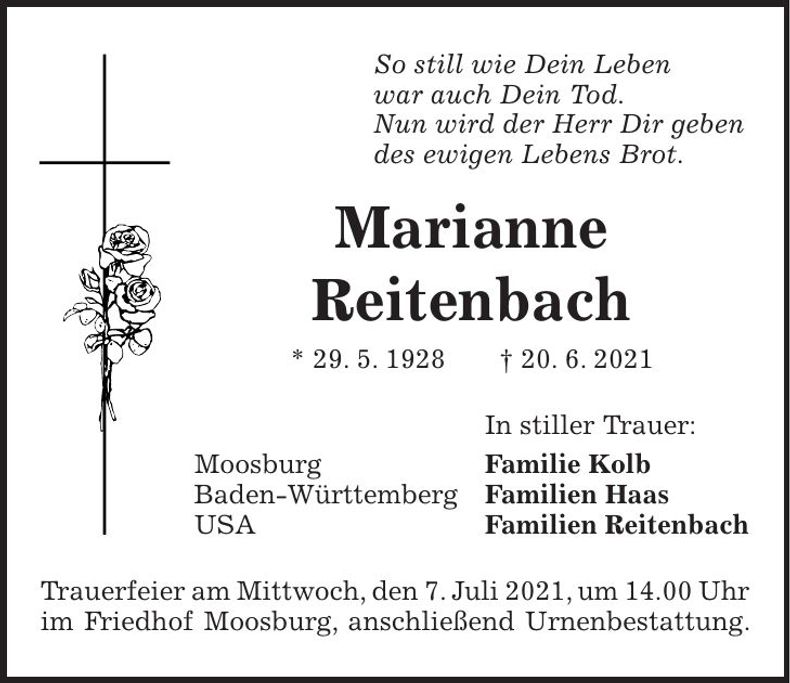 Traueranzeige Marianne Reitenbach