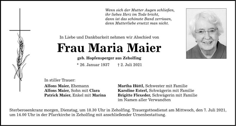 Traueranzeige Maria Maier