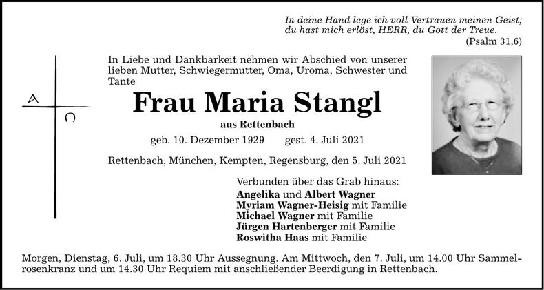 Traueranzeige Maria Stangl
