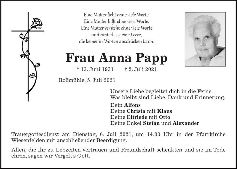 Traueranzeige Anna Papp