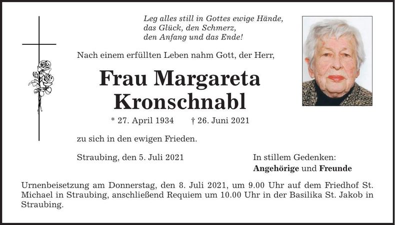 Traueranzeige Margareta Kronschnabl