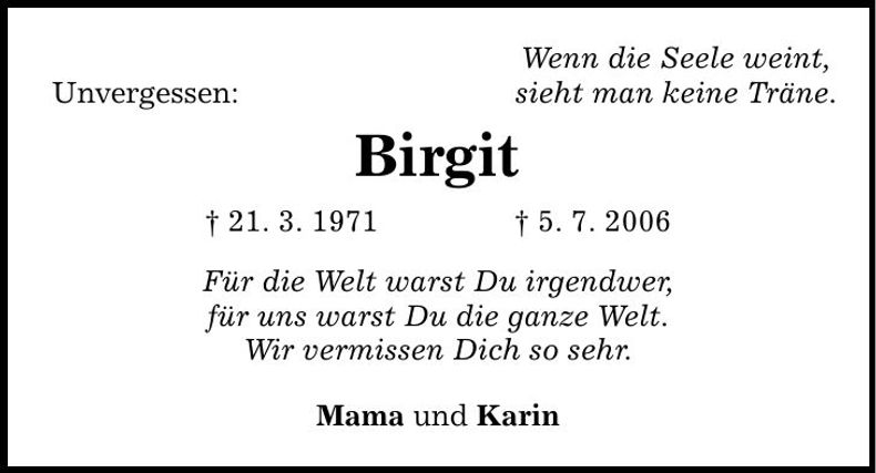 Traueranzeige Birgit Brandstetter