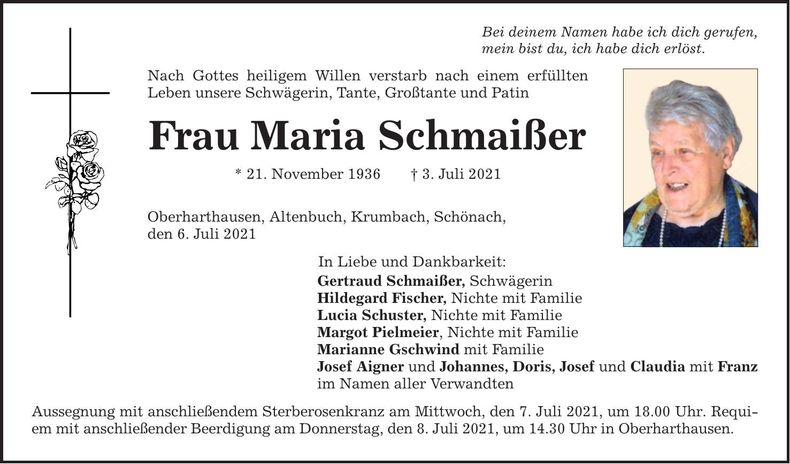 Traueranzeige Maria Schmaißer