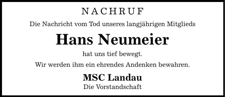 Traueranzeige Hans Neumeier