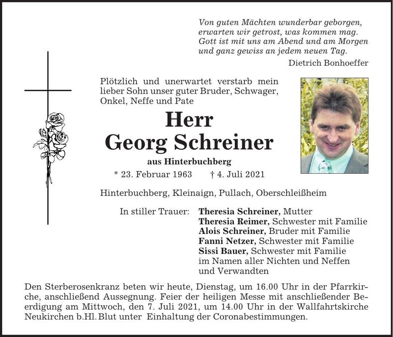 Traueranzeige Georg Schreiner
