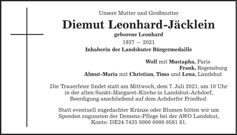 Traueranzeige Dietmut Leonhard-Jäcklein