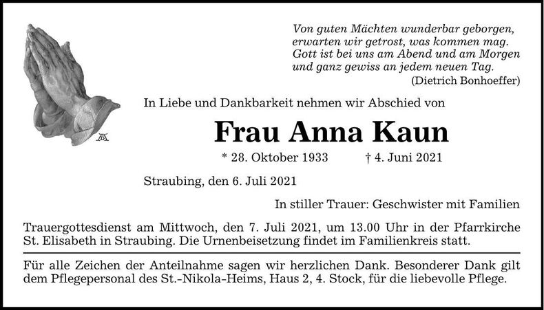 Traueranzeige Anna Kaun