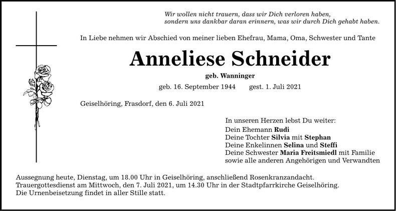 Traueranzeige Anneliese Schneider