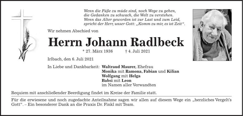 Traueranzeige Johann Radlbeck