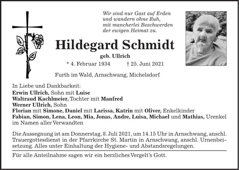 Traueranzeige Hildegard Schmidt